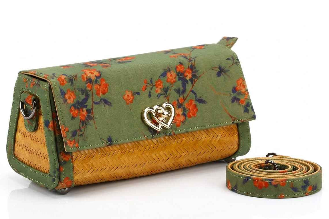 Verdant Bind | Cottagecore Floral Bamboo Bag with Heart Clasp